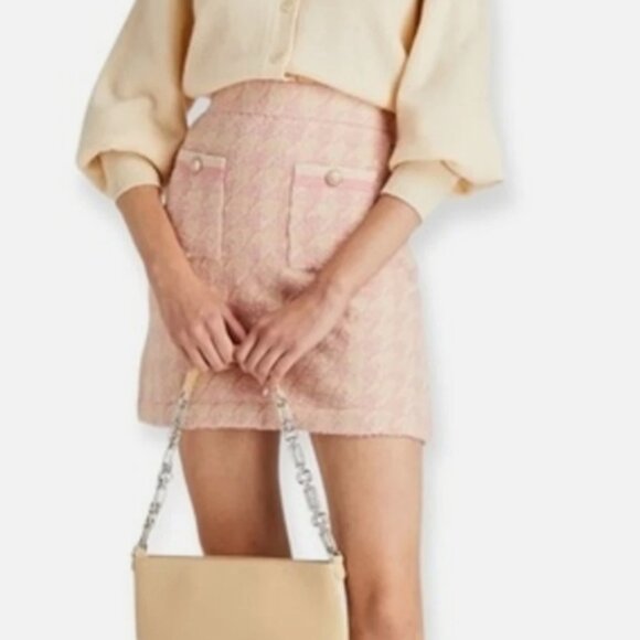 NWOT Sandro Louisa Tweed Houndstooth A-line Pink Mini Skirt M $298 - Picture 1 of 16